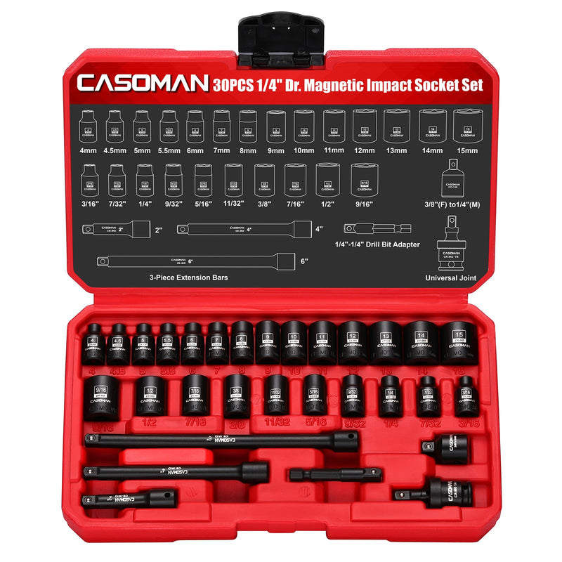 CASOMAN 30PCS 1/4” Drive Magnetic Shallow Impact Socket Set, 6 Point, CR-MO, SAE & Metric, Include Extension Bars, Socket & Hex shank Adapters, Universal Joint