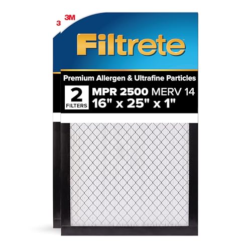 Filtrete 16x25x1 AC Furnace Air Filter, MERV 14, MPR 2500, Premium Ultra Fine Particle, 3-Month Pleated 1-Inch Electrostatic Air Cleaning Filter, 2-Pack (Actual Size 15.69 x 24.69 x 0.81 in)