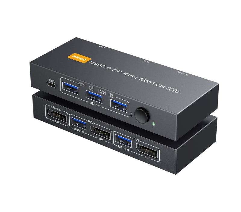 Displayport KVM Switch 1 Monitors 2 Computers 4K@144Hz USB3.0 KVM Switch for 2 Computers Share 1 Monitors and 4 USB Devices Support Extended/Copy Mode with Desktop Controller DP KVM SWITCH 1M 2 PC