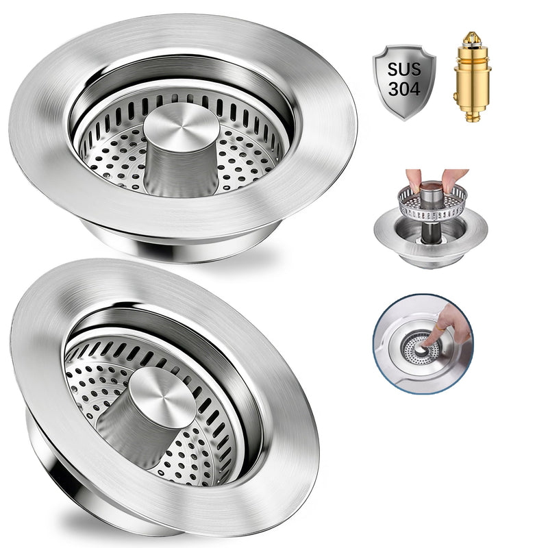 3 in 1 Kitchen Sink Drain Strainer,Pop up Sink Stopper Kitchen Drain, Anti-Clogging Strainer Basket Odor Prevention Plug Stopper for US Standard 3-1/2” Drain (Silver-2pcs) Silver-2pcs