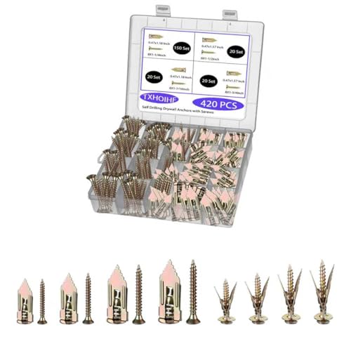 Self Drilling Drywall Anchors Kit with Screws 420PCS - 2 Sizes Sheetrock Anchors & 4 Sizes Zinc Expansion Screws,No Drill or Holes in Wall for Wall Hanging,Various scenarios MDZT-420PCS