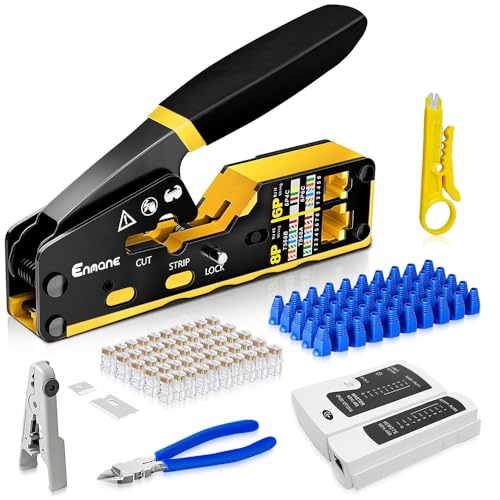 Ethernet Crimping Tool RJ45 /RJ11 Crimp Tools,CAT5 Cat5e Cat6 RJ45 Crimping Tool Kit With Multiply Cable Stripper, Blades,50PCS Cat6 Connectors, 50PCS Boots,Wire Cutter EM-CR2