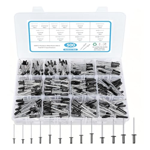 500PCS Pop Rivets Assortment Kit, 14 Sizes Pop Rivet Aluminum Assorted Blind Rivets Including 3/32" 1/8" 5/32" 3/16" 1/4" for Metal Dome Head Rivet Kit (Black) Black