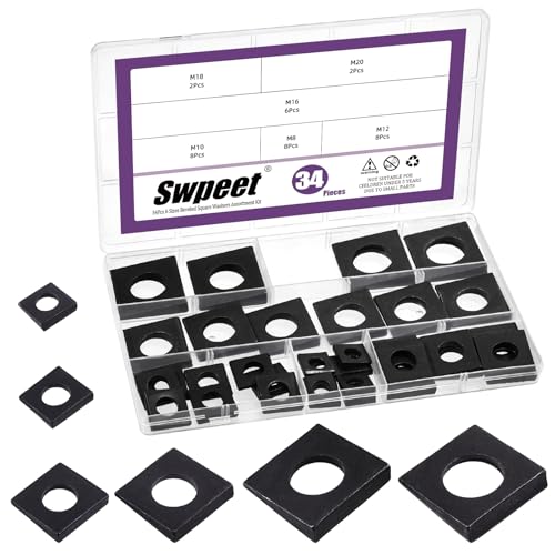 Swpeet 34Pcs 6 Sizes M8 /M10 /M12 /M16 /M18 /M20 Galvanized Black Beveled Square Washers Assortment Kit, Wedge Shaped Washers in Plain Carbon Steel for Shim Leveling Black Square Beveled