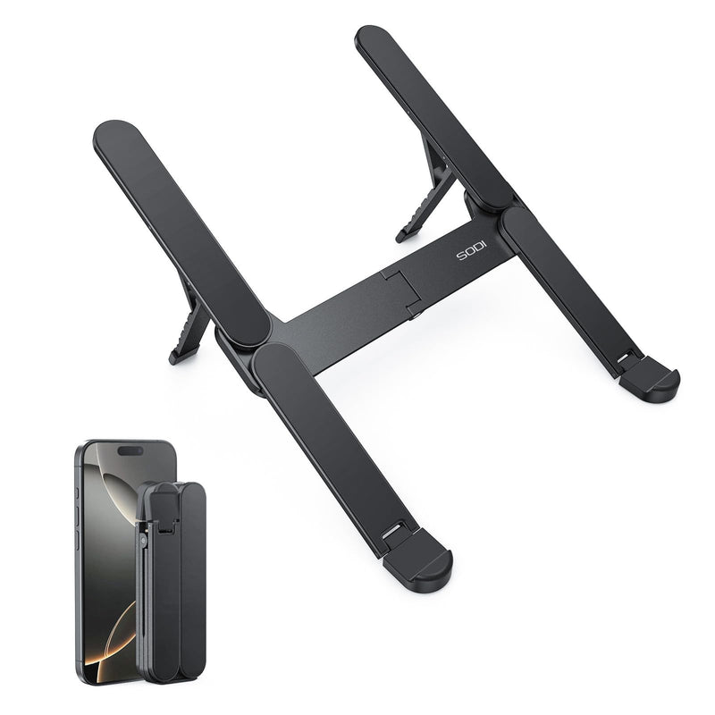 SODI Ultra Compact Foldable Laptop Stand - Portable Laptop Holder for Desk & Travel Use, Ergonomic Aluminum Computer Holder with Adjustable Height for MacBook, Tablet 10-16" (Dark Black, Bi-Fold) Dark Black