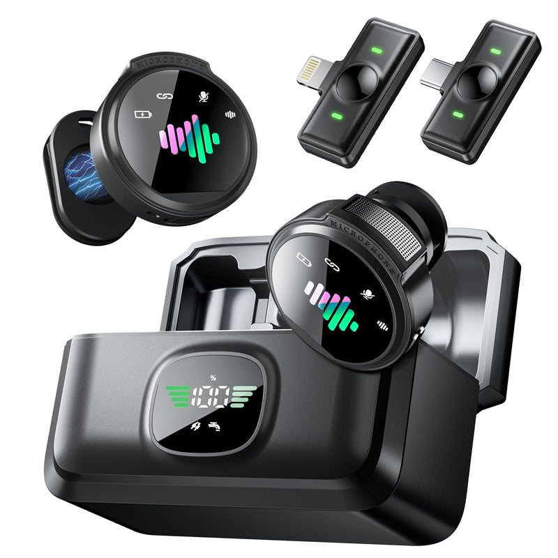 Mini Microphone for iPhone: 2PCS Wireless Lavalier Microphone for Android - Noise Canceling Magnetic Clip Lapel Mic - Vlogging & Pro Video Recording for Content Creators Black 1