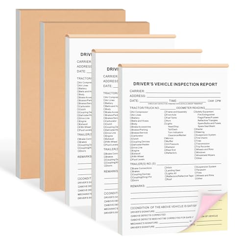 Detailed Driver's Vehicle Inspection Report Forms/Books,5 Packs 3-Ply Carbonless,50 Sets of Forms per Daily Pre-Trip Checklist Log for Truck Drivers 5.5" x 8.5".(Total 250 Sets)