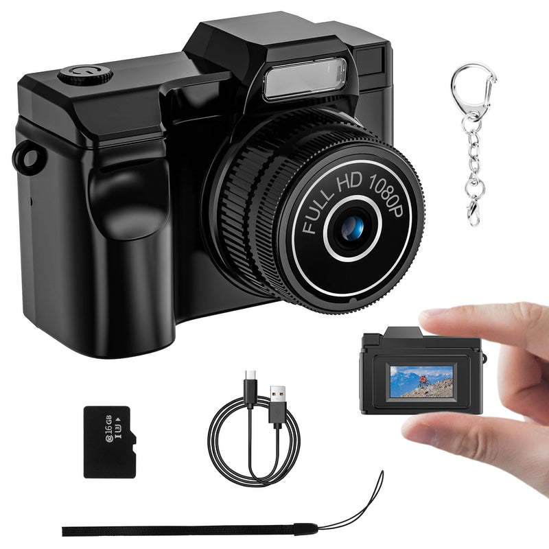 Mini Keychain Camera - FHD 1080P Mini Retro Digital Camera - Tiny Pocket Size Photo Video Cameras with 16GB Card - Small Compact Micro Camara Portable Video Recorder for Travel Study Recording (Black) Mini Camera Black
