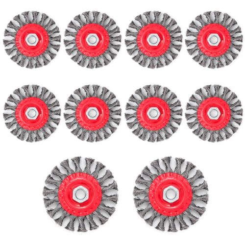 Idong 10 Pack 4 Inch Wire Wheels for 4-1/2" Angle Grinder, Twist Knotted Wire Wheel Brush with 5/8 Inch-11 Threaded Arbor, Carbon Steel Wire for Heavy Duty Rust, Paint, Corrosion Removal