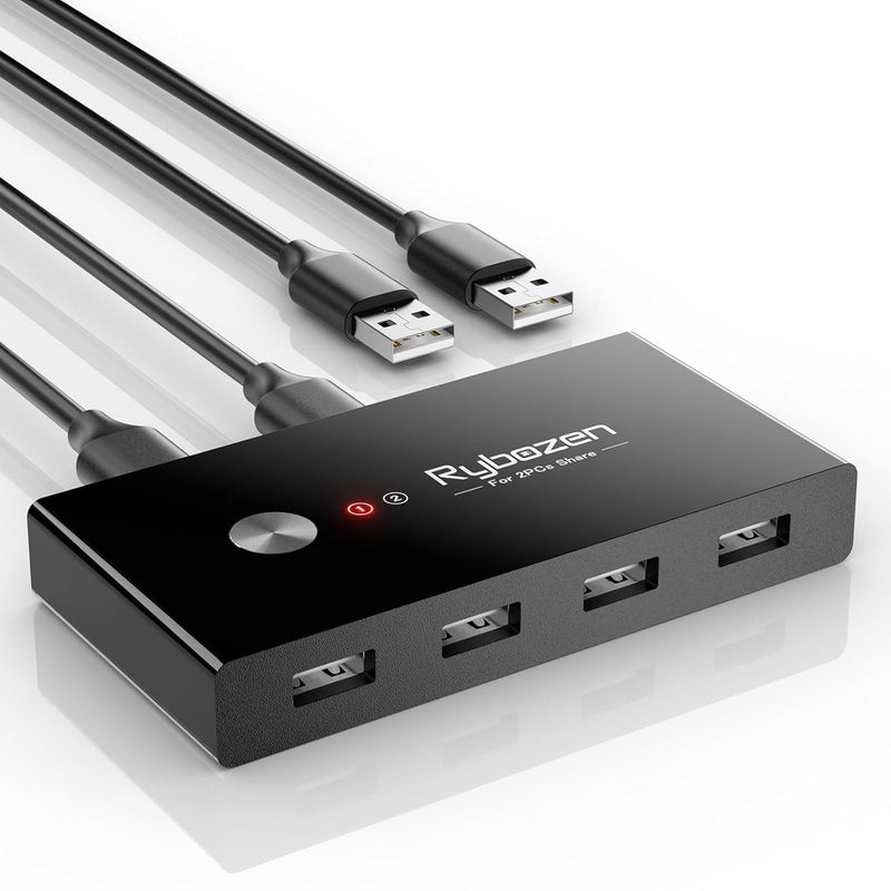 Jancane USB Switch Selector for 2 Computers, USB Switcher Sharing 4 USB 2.0 Devices Peripheral Hub for Mouse Keyboard Scanner Printer with One-Button Swapping and 2 Pack USB A to A Cable