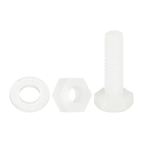 uxcell 300 Pcs/100 Sets Nylon Hex Bolts, M4 x 15mm Plastic Full Threaded Hex Head Screws Bolts and Nuts with Flat Washers for Machinery Electronics Industrial Accessories, White
