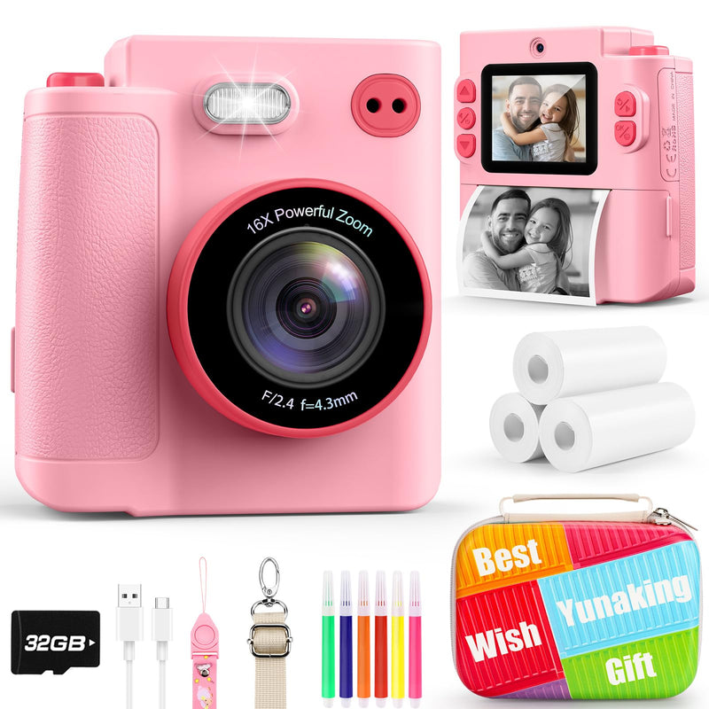Gift for 3-12 Year Old Girls: Kids Camera Digital Instant Print 1080P Dual Camera Toys Birthday Christmas Valentines Gifts for Kid Girls Boys Ages 3 4 5 6 7 8 9 10 with 32G SD Card Storage Bag Pink