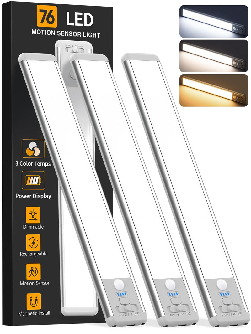 Under Cabinet Lighting Wireless, Rechargeable Motion Sensor Light Indoor, 3 Color Dimmable Closet Light Battery Operated with LED Power Display, Magnetic Under Counter Lights for Kitchen, Home (3Pack) 10inch-3Pack
