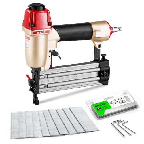 meite F50C Pneumatic Brad Nailer Kit Includes 1,000 Pcs 18 Gauge Brad Nails 1-1/4-Inch, Compatible with 5/8" to 2" Brad Nails, Ideal for Trim Work, Furniture Building & Finish Applications