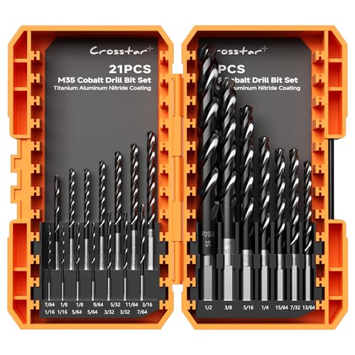 Crosstar M35 Cobalt Drill Bit Set,Three-Flute Design,1/16"-1/2",21pcs 21pcs set
