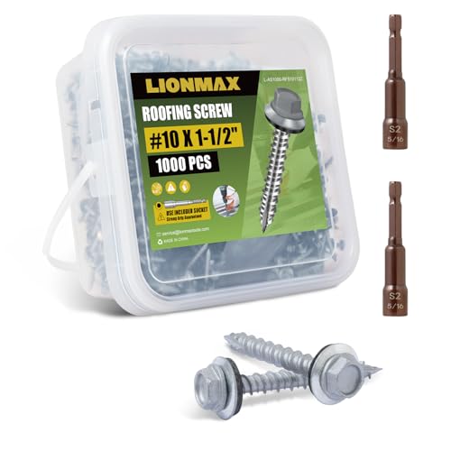 LIONMAX 1000-PCS Metal Roofing Screws #10 x 1-1/2 Inch with Rubber Washer
