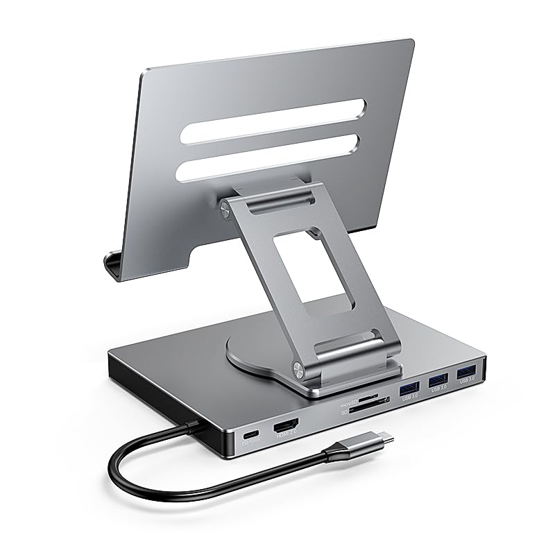 iPad Pro USB C Hub, Adapter for iPad Pro M4 M2 M1 13 12.9 11 Inch iPad Air Docking Station Foldable with 4K 60Hz HDMI, PD Charging, SD/TF Card Reader, 3 USB 3.0, 3.5 mm Audio, iPad Dock Stand