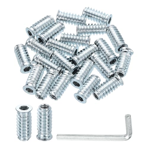 uxcell 100 Pcs Threaded Insert for Wood, 1/4" - 20 Carbon Steel Threaded Studs Hex Socket Drive Nut Inserts Screw in Nut Fastener Connector with Hex Wrench 25mm Length for Home, Silver 1/4"-20x25mm