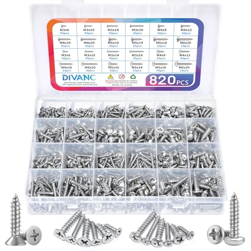 M3 M4 M5 M6 Wood Screws Assortment Set,304 Stainless Steel Assorted Self Tapping Screws Kit Truss Flat Pan Head Phillips Drive Drilling for Deck Drywall Concrete Sheet Metal (Flat & Pan Head 820PCS) Flat & Pan Head 820PCS