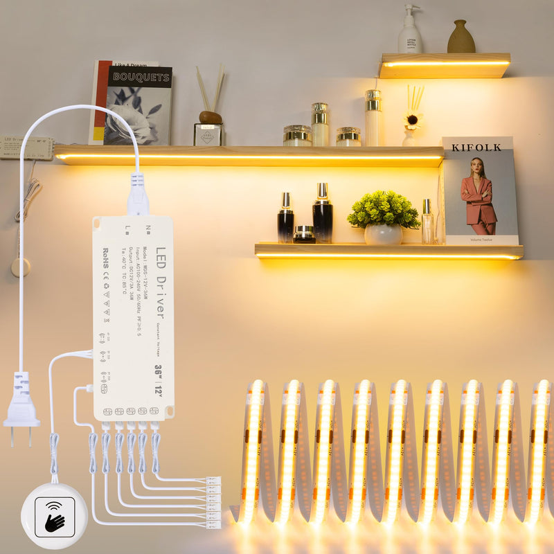 16.4ft 3000K Shelf Sights, Plug-in Cut to Size COB LED Light Strip for 6 Shelves, Hand-Sweep Under Shelf Lighting for Pantry Bookshelf 3000K/Warm White