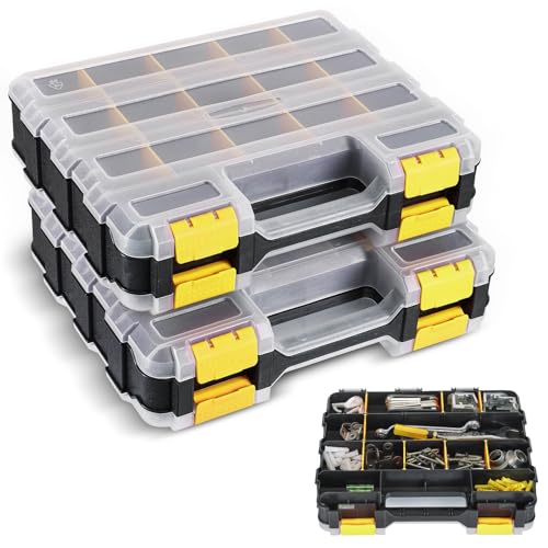 NATGAI 2 Pack Small Parts Organizers, 34-Compartments Double-Sided Tool Box with Removable Dividers for Hardware, Screws, Bolts, Nails & Fishing Accessories, Durable Plastic Storage Case (Yellow) Yellow