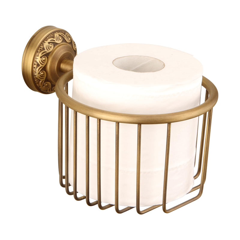 Vintage Wall-Mounted Toilet Paper Holder with Wire Basket Design, Antique Brass, Wall-Mounted Bath Hand Towel Holder with Braiding Carvings, Vintage Style. Gold Carved Hanging Basket