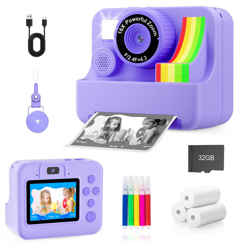 1080P Kids Instant Print Camera - Kids Camera for Girls and Boys, Ages 3-12, Portable Toy with 32GB SD Card & 3 Rolls Printing Paper - Best Christmas Birthday Gift for Kids, Purple