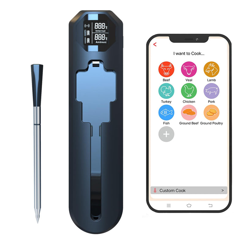 Smart Meat Thermometer-Smart Meat Thermometer Wireless - App Monitoring, Ambient Temperature Sensor, Alarm Reminders, 820-Foot Range, Suitable for Smokers, Barbecues, Turkeys, Beef, and Cooking