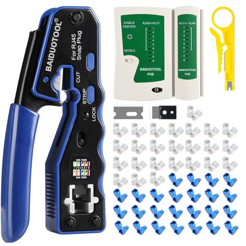 RJ45 Crimp Tool Kit Pass Through Crimper Cutter for Cat5 Cat5e Cat6 Cat6a 8P8C Modular Connector All-In-One Cat6 Crimping tool Etrhernet Crimper Tool and Tester(9V Battery Not Included) 670 Rj45-8P Crimping Tool Kit