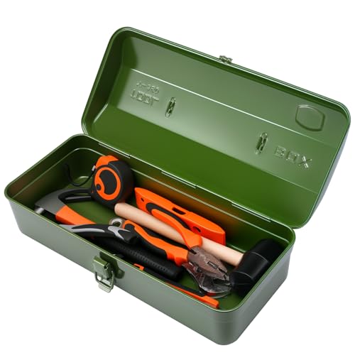 15 Inch Metal Tool Box with Lock - Portable Heavy Duty Workshop Tool Storage Case with Handle, Locking Hardware Organizer Box for Tools, Screws & Parts (Green) green