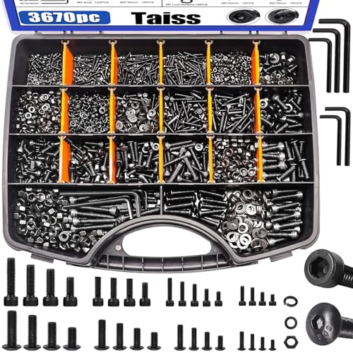 Taiss 3670PCS Metric Screw Assortment M2 M3 M4 M5 33 Sizes Button & Socket Head Screws+30 Sets 1/4-20 x 3/4" Furniture Screw Nut Threaded Inserts for Wood