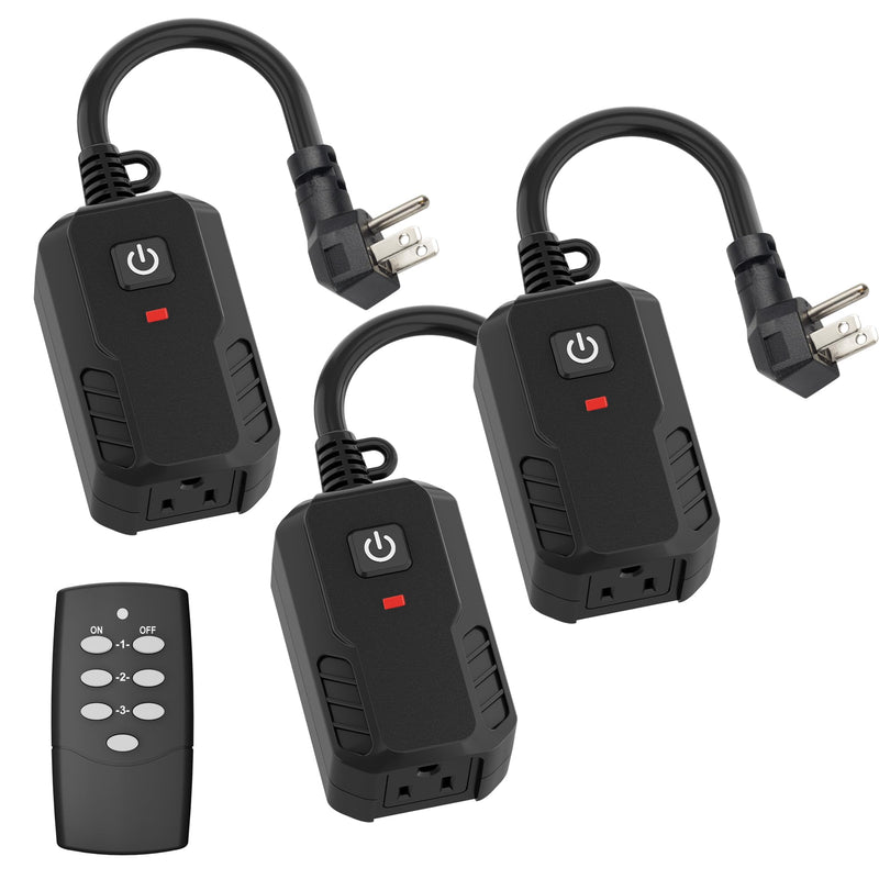 BN-LINK Outdoor Remote Control Outlet Plug Black,Indoor Wireless Outlet Switch Weatherproof Heavy Duty 15A 3-Prong 6-inch Cord 100Ft Range,3Pack(Battery Included) 1 Outlet, 1 Remote,3 Pack