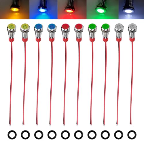 Pack of 10 6 mm Indicator Light, 12-24 V Signal Light, Car Signal Lamp, Waterproof Indicator Lights, Copper Coated Wired for Warning Indicator and Signal (Red, Green, Yellow, Blue, White)