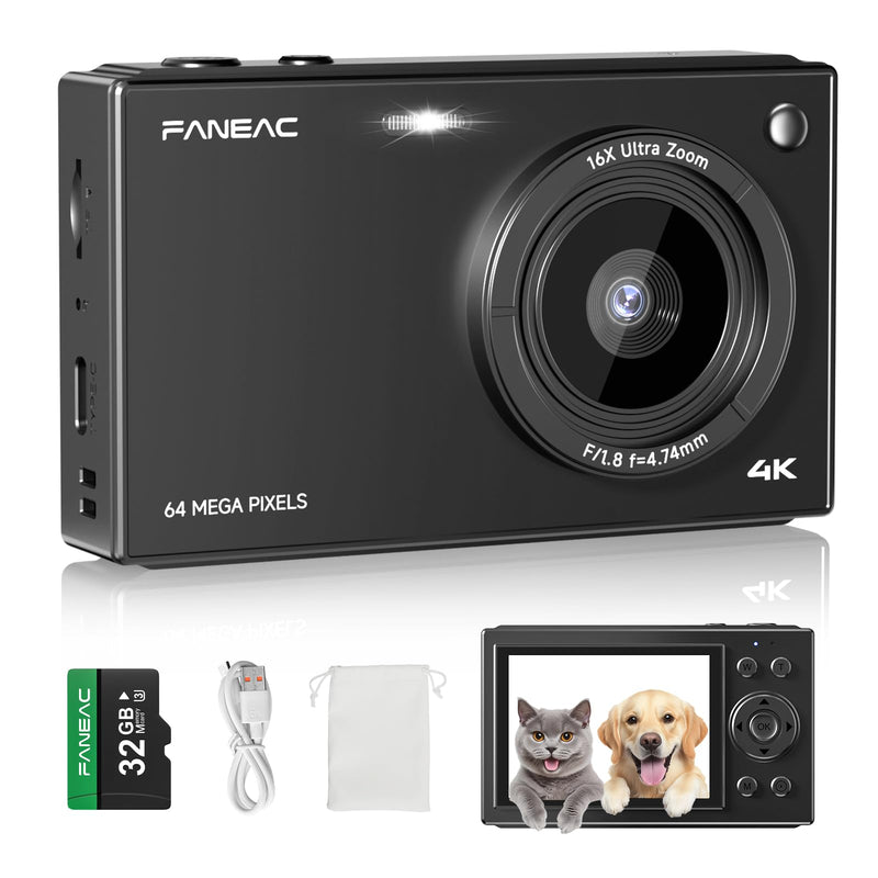 S1 Digital Camera for Kids & Beginners, Autofocus Point and Shoot Camera with IPS Screen, 16x Zoom, Macro, Lens Filters, Self Timer, 32GB Card Included - Black (Digital 4K UHD 1080P FHD)