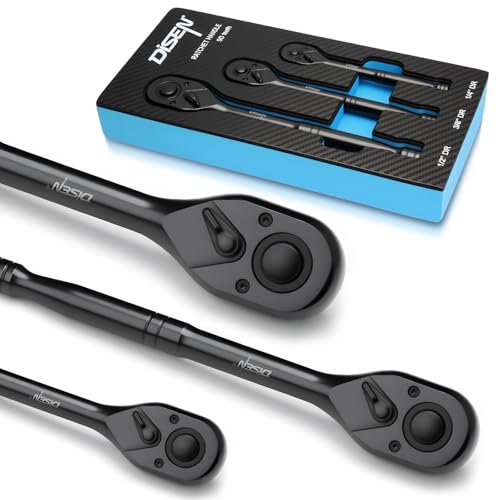 DISEN 3PCS Black Ratchet Wrench Set, 1/2", 3/8", 1/4" Drive 90-Tooth Drive 3 pieces Standard Ratchet Set - Standard Handle