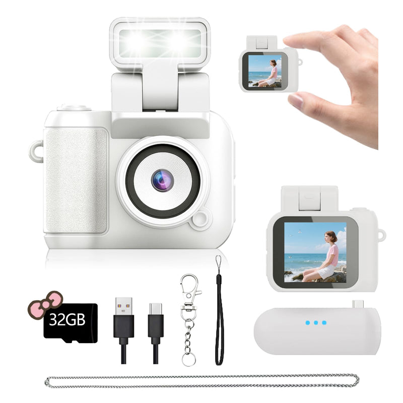 Mini Camera Keychain Mini Retro Camera Cameras Keychain Built-in 32GB Memory Card Best Choice for Travel Vlog Photography Gifts for Girl White