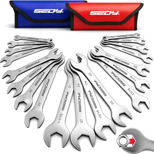 19-Piece Super Thin Open-End Wrench Set, SAE 1/4"-1-1/16" & Metric 5.5–27 mm, 3 mm Thickness Slim Wrench Set for Tight Spaces, Nickel Plated Flat Wrenches with Red & Blue Rolling Storage Pouches 19-Pc MM/SAE (3mm Super Thin)