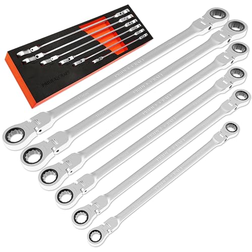 PRIDE&CRAFT 6-Piece Extra Long Flex Head Ratcheting Wrench Set - Metric Double Box End (8-19mm), CR-V Steel, 90-Tooth Ratchet Wrench for Automotive Repair, EVA Organizer
