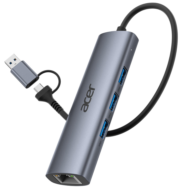 Acer USB C to Ethernet Adapter, USBC Hub Ethernet with 3 USBA 3.0 and RJ45 1Gbps LAN Port, Aluminum Heat Dissipation, USB to Network Adapter for Laptop, MacBook Pro, iPad, XPS and More