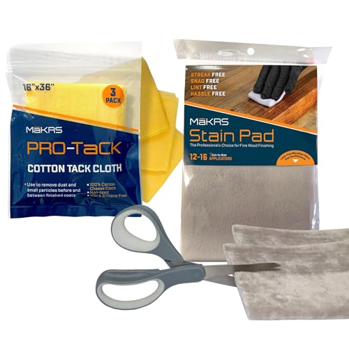 MāKRS Wood Finishing Prep Bundle – 2-Pack Staining Pads & 3-Pack Pro-Tack Cloths – Lint-Free Applicator Pads and Dust-Removing Tack Cloths for Wood Stains, Paints, and Finishes