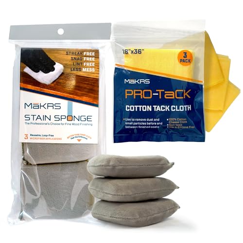 MāKRS Wood Finishing Prep Bundle – 3-Pack Staining Pads & 3-Pack Pro-Tack Cloths – Lint-Free Applicator Pads and Dust-Removing Tack Cloths for Wood Stains, Paints, and Finishes