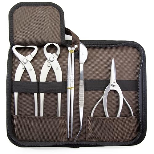 Bonsai Tools 5-Piece Alloy Steel Bonsai tool Kit In Cluding 190mm Root Pruning Scissors / 205mm Trunk Splitter / 215mm Root Cutter / 200mm Straight Root Hook / Tweezers (NBK5-03)