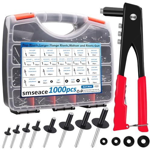smseace 1001Pcs Pop Rivet Gun Kit Black Pop Rivets, Large Flange Rivets, Washers and Rivets Gun Tool Packed in Portable Toolbox with Color Label for Metal, Furniture, Automotive, Instruments