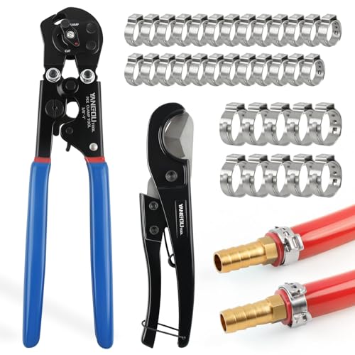 2 IN 1 Ratchet PEX Crimping Tool Kit - Cinch and Remove Dual Function Suitable for 3/8" to 1" Stainless Steel Clamps with Pex Cutter and Stainless Steel Pex Clamps 1/2" 25PCS, 3/4" 10PCS Pex Crimper Kit