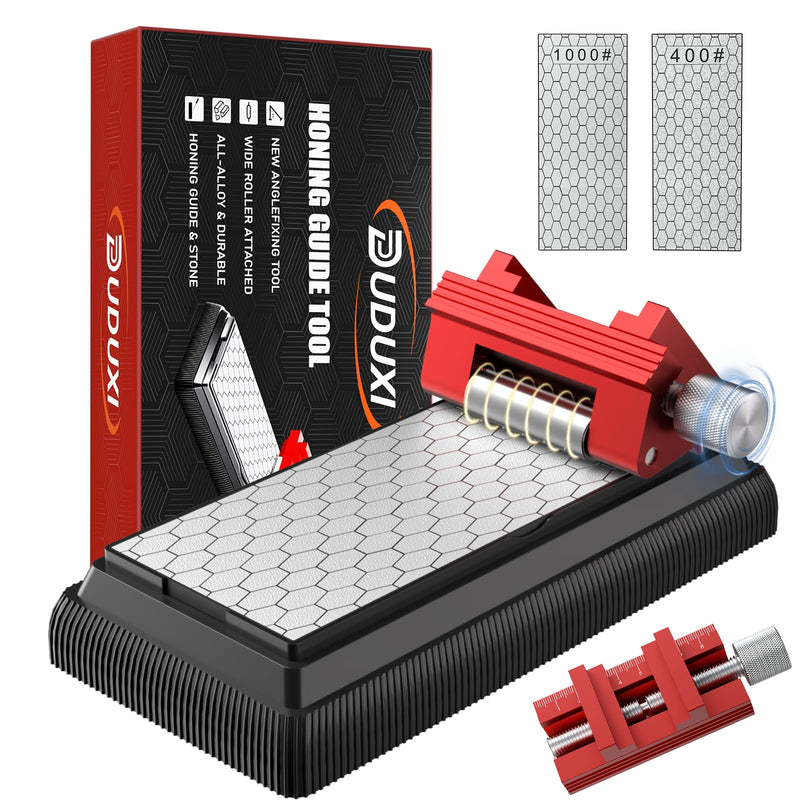 Honing Guide with Whetstone for Woodworking,Sharpening Jig Center Upgraded Honing Tool and Diamond Chisel Sharpening Stone Set Kit for Knife, Short Chisels and Planes, Fine/Coarse Plate, 400/1000/Grit Red