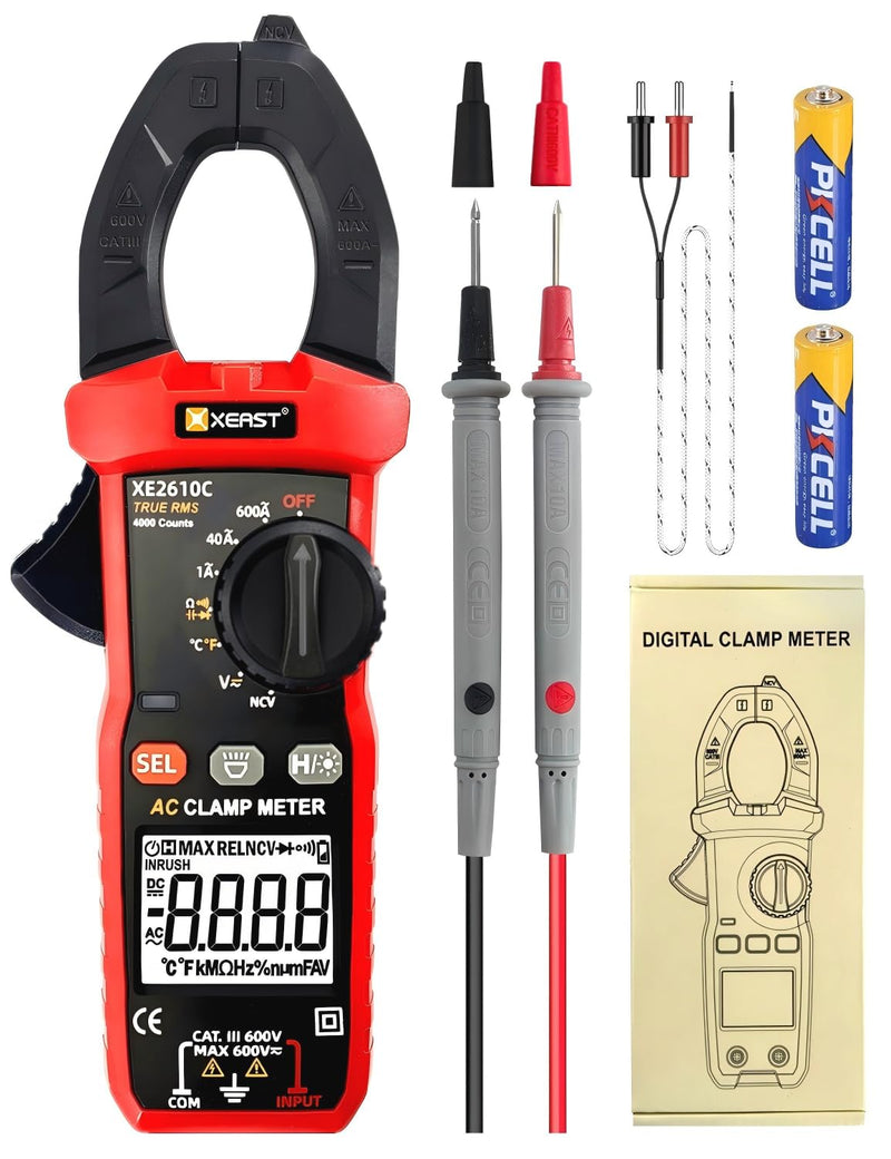 Current Clamp Multimeter, True-RMS 4000 Count Auto Range Clamp Meter, Clamp Meter for Measuring AC/DC Voltage, AC Current, Temperature, Resistance, Capacitance, Continuity, Diode NCV XE2610C