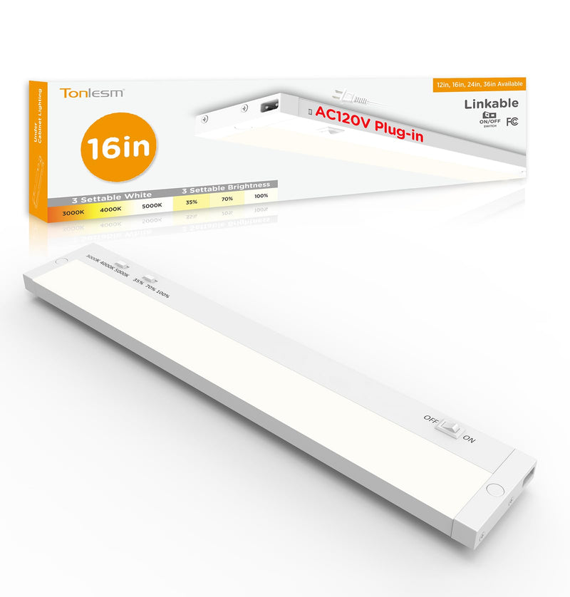 16 Inch Under Cabinet Lighting Plug in, 9W 120V 3 Color 3000K/4000K/5000K, 3 Brightness, Super Bright, Ultra Thin Under Counter Lights for Kitchen, Linkable LED Cabinet Light, White White,1 Pack 16 Inch
