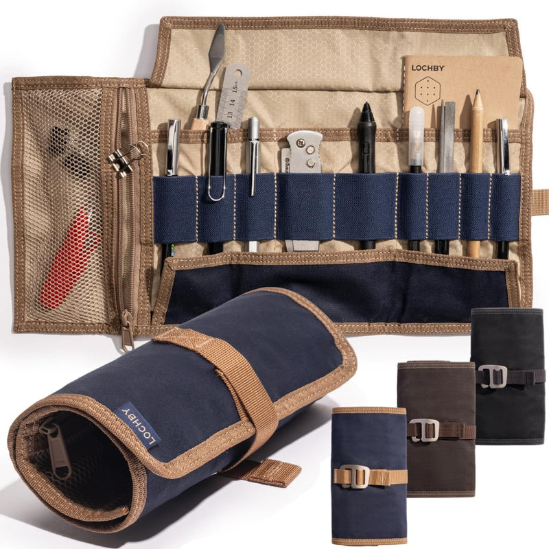 LOCHBY® Art & Electronic Organizer | EDC Roll-Up Tool Bag for Pen Lovers & Tech | Multi-Pocket with Elastic Loops for Pens, Cables, External Hard Drives | Stylish Waxed Canvas & Durable Aluminum Hooks Nautical
