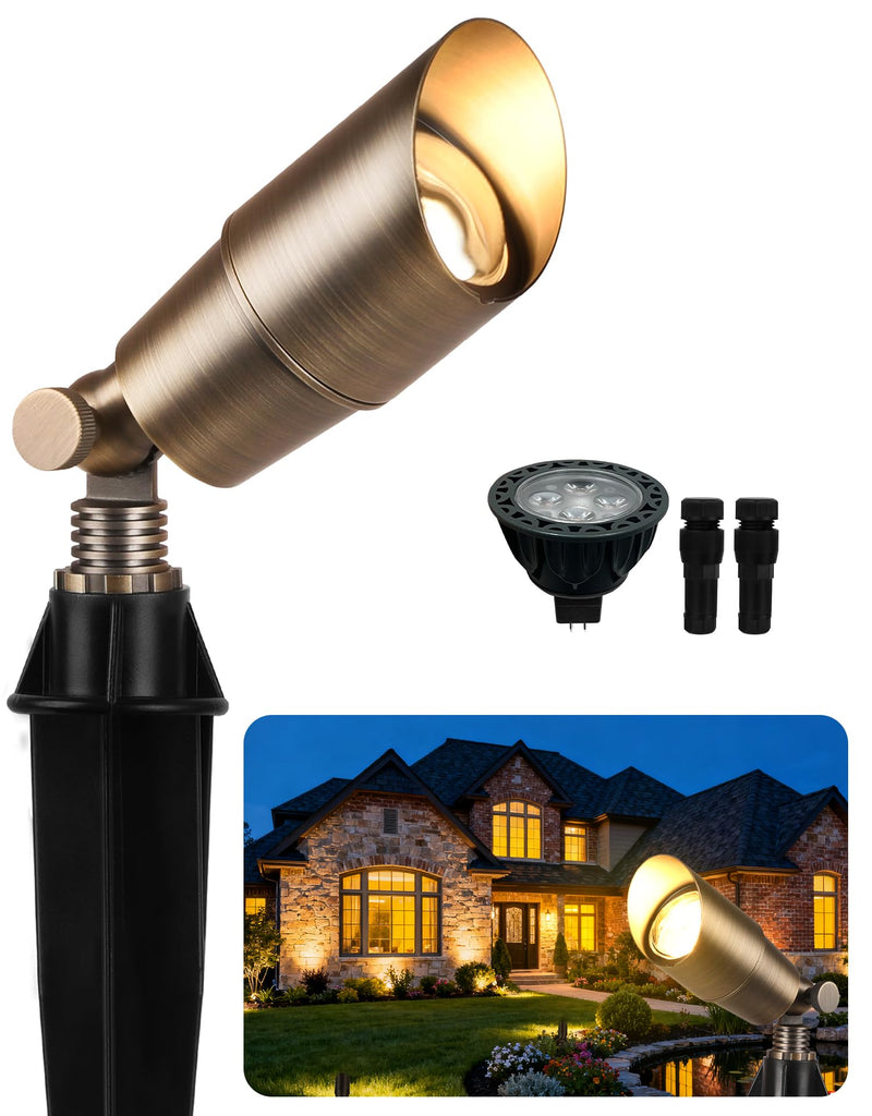 PARTPHONER Solid Brass Low Voltage Landscape Lighting, Wired 12V LED Landscape Spotlights with Aluminum Housing MR16 Bulb, Heavy Duty Outdoor Waterproof Up Lights for Garden, Yard, Trees, 1Pack