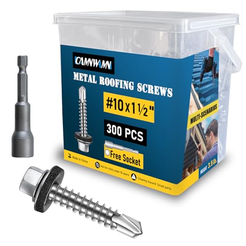 300Pcs #10 x 1-1/2 Inch Galvanized Metal Roofing Screws, Hex Head Drill Point Sheet Metal Roof Screw with Rubber Washer, EPDM Washer, with Hex Drive Bit. 300